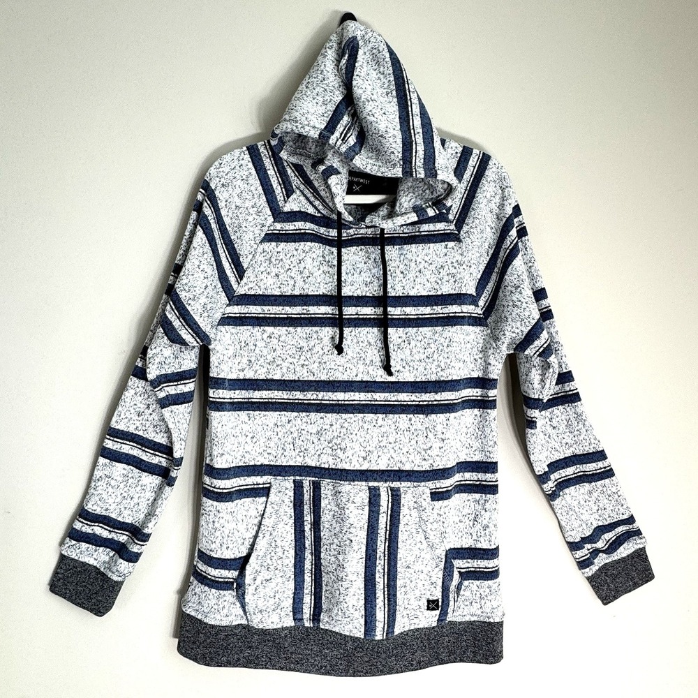 DEPARTWEST Pullover Hoodie Mens Medium Gray Blue Stripe Baja Aztec Beach Pocket